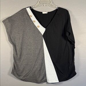 Suzanne Betro Black, Gray, and White Asymmetrical Blouse